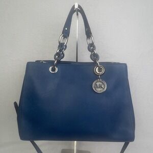Michael Kors Tote Bag Large Cobalt Blue Leather Chain Shoulder MK Charm Handbag